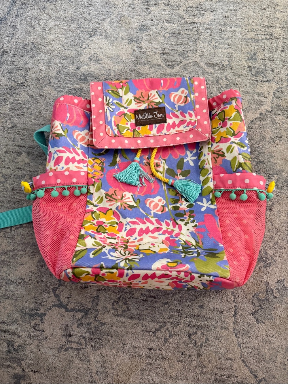 Matilda Jane Pink Floral Backpack with Aqua Tassels and Pom-Pom Trim